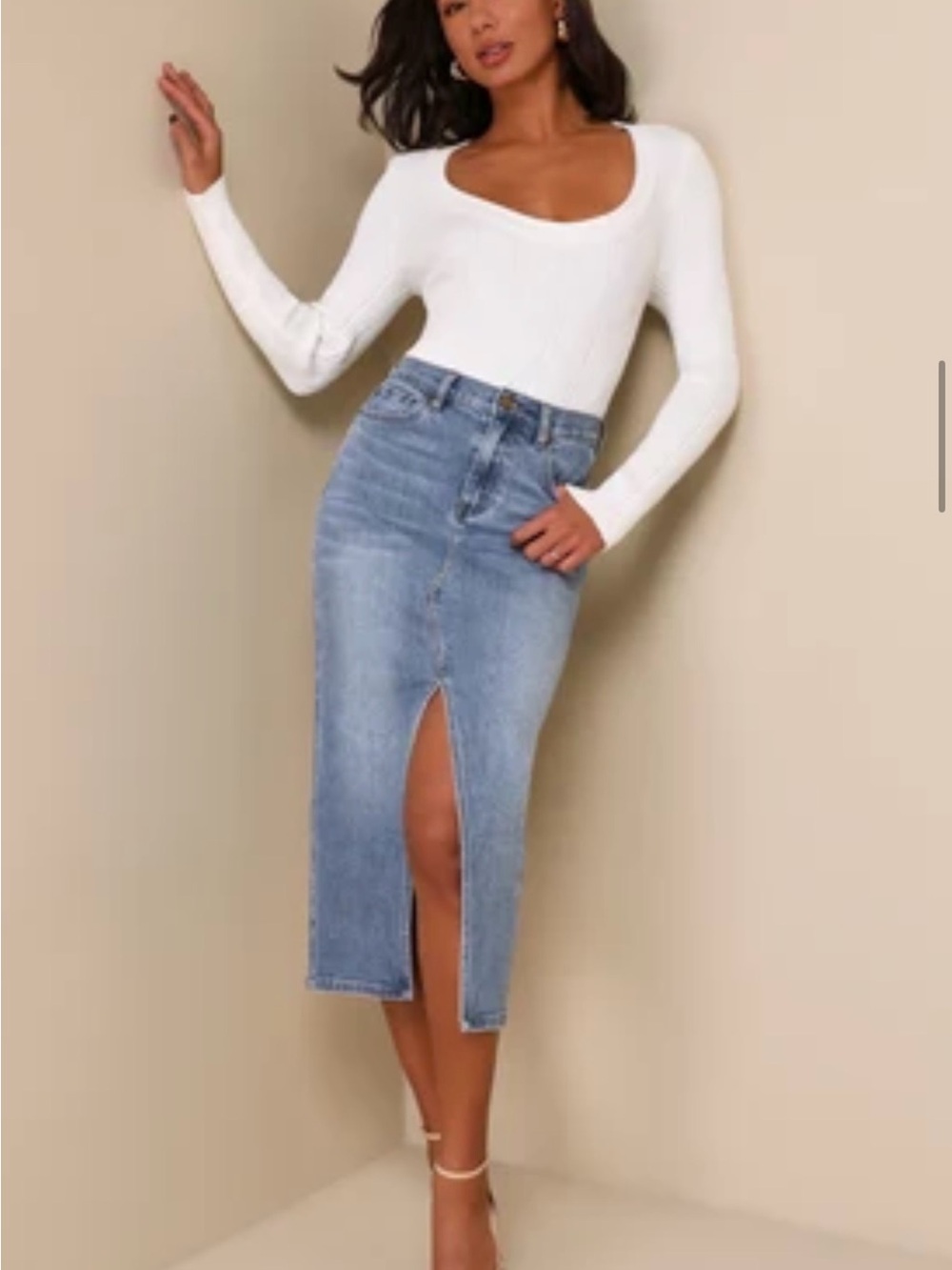 Lulu's Light Blue Denim Midi Skirt with Front Slit